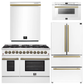 Forno Galiano Package - 48" Dual Fuel Range, 36" Refrigerator with Ice Maker, Dishwasher and 24" Microwave Drawer in White with Antique Brass Accents