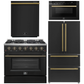 Forno Galiano Package - 36" Gas Range, 36" Refrigerator with Ice Maker, Dishwasher and 24" Microwave Drawer in Black with Antique Brass Accents