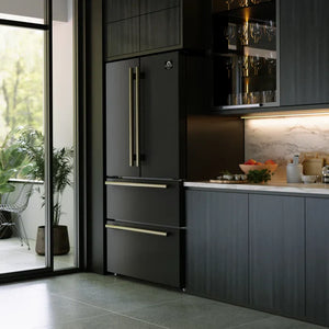 Forno Galiano Package - 36" Gas Range, 36" Refrigerator with Ice Maker, Dishwasher and 24" Microwave Drawer in Black with Antique Brass Accents