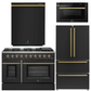 Forno Galiano Package - 48" Gas Range, 36" Refrigerator with Ice Maker, Dishwasher and 24" Microwave Drawer in Black with Antique Brass Accents
