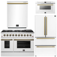 Forno Galiano Package - 48" Gas Range, 36" Refrigerator with Ice Maker, Dishwasher and 24" Microwave Drawer in White with Antique Brass Accents