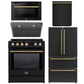 Forno Espresso Package - 30" Induction Range, Range Hood, 36" Refrigerator with Ice Maker, Dishwasher and 24" Microwave Drawer in Black with Antique Brass Accents