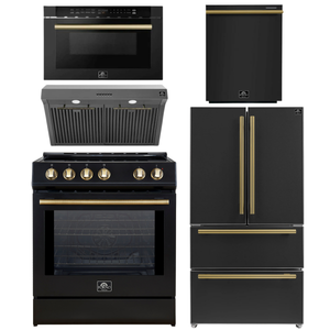 Forno Espresso Package - 30" Induction Range, Range Hood, 36" Refrigerator with Ice Maker, Dishwasher and 24" Microwave Drawer in Black with Antique Brass Accents