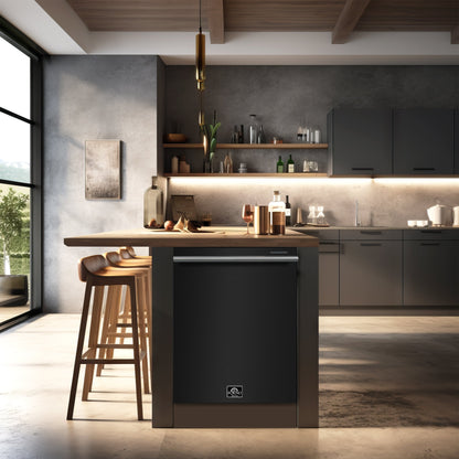 Forno Espresso Package - 30" Induction Range, Range Hood, 30" Refrigerator with Ice Maker, Dishwasher and 24" Microwave Drawer in Black with Silver Accents