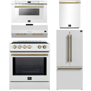 Forno Espresso Package - 30" Induction Range, Range Hood, 30" Refrigerator with Ice Maker, Dishwasher and 24" Microwave Drawer in White with Antique Brass Accents