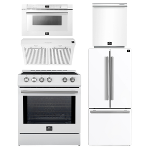 Forno Espresso Package - 30" Induction Range, Range Hood, 30" Refrigerator with Ice Maker, Dishwasher and 24" Microwave Drawer in White with Silver Accents