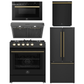Forno Espresso Package - 30" Gas Range, Range Hood, 30" Refrigerator with Ice Maker, Dishwasher and 24" Microwave Drawer in Black with Antique Brass Accents