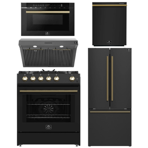 Forno Espresso Package - 30" Gas Range, Range Hood, 30" Refrigerator with Ice Maker, Dishwasher and 24" Microwave Drawer in Black with Antique Brass Accents