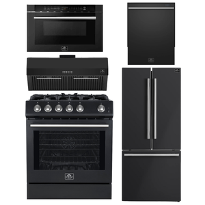 Forno Espresso Package - 30" Gas Range, Range Hood, 30" Refrigerator with Ice Maker, Dishwasher and 24" Microwave Drawer in Black with Silver Accents