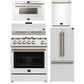 Forno Espresso Package - 30" Gas Range, Range Hood, 30" Refrigerator with Ice Maker, Dishwasher and 24" Microwave Drawer in White with Antique Brass Accents