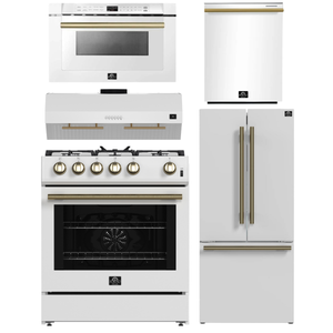Forno Espresso Package - 30" Gas Range, Range Hood, 30" Refrigerator with Ice Maker, Dishwasher and 24" Microwave Drawer in White with Antique Brass Accents