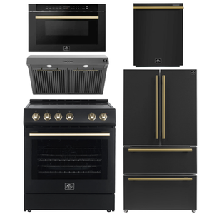 Forno Espresso Package - 30" Electric Range, Range Hood, 36" Refrigerator with Ice Maker, Dishwasher and 24" Microwave Drawer in Black with Antique Brass Accents