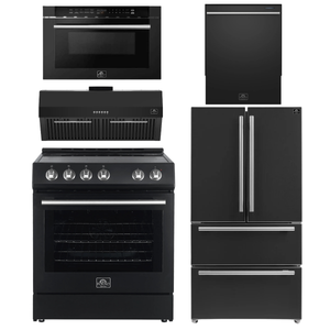 Forno Espresso Package - 30" Electric Range, Range Hood, 36" Refrigerator with Ice Maker, Dishwasher and 24" Microwave Drawer in Black with Silver Accents