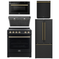 Forno Espresso Package - 30" Electric Range, Range Hood, 30" Refrigerator with Ice Maker, Dishwasher and 24" Microwave Drawer in Black with Antique Brass Accents