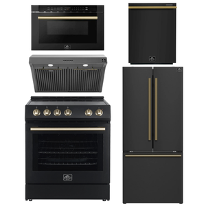 Forno Espresso Package - 30" Electric Range, Range Hood, 30" Refrigerator with Ice Maker, Dishwasher and 24" Microwave Drawer in Black with Antique Brass Accents