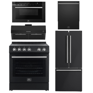 Forno Espresso Package - 30" Electric Range, Range Hood, 30" Refrigerator with Ice Maker, Dishwasher and 24" Microwave Drawer in Black with Silver Accents