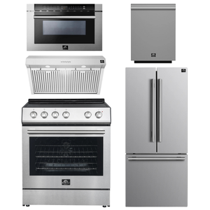 Forno Espresso Package - 30" Electric Range, Range Hood, 30" Refrigerator with Ice Maker, Dishwasher and 24" Microwave Drawer in Stainless Steel