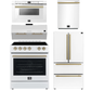 Forno Espresso Package - 30" Electric Range, Range Hood, 36" Refrigerator with Ice Maker, Dishwasher and 24" Microwave Drawer in White with Antique Brass Accents