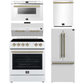 Forno Espresso Package - 30" Electric Range, Range Hood, 30" Refrigerator with Ice Maker, Dishwasher and 24" Microwave Drawer in White with Antique Brass Accents