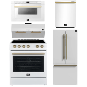 Forno Espresso Package - 30" Electric Range, Range Hood, 30" Refrigerator with Ice Maker, Dishwasher and 24" Microwave Drawer in White with Antique Brass Accents