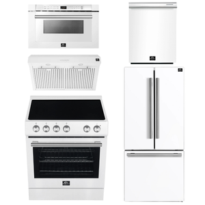 Forno Espresso Package - 30" Electric Range, Range Hood, 30" Refrigerator with Ice Maker, Dishwasher and 24" Microwave Drawer in White with Silver Accents