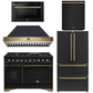 Forno Espresso Antico Package - 48" Dual Fuel Range, Range Hood, 36" Refrigerator with Ice Maker, Dishwasher and 24" Microwave Drawer in Black with Antique Brass Accents