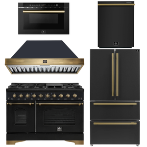 Forno Espresso Antico Package - 48" Dual Fuel Range, Range Hood, 36" Refrigerator with Ice Maker, Dishwasher and 24" Microwave Drawer in Black with Antique Brass Accents