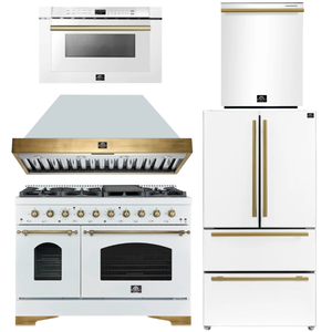 Forno Espresso Antico Package - 48" Dual Fuel Range, Range Hood, 36" Refrigerator with Ice Maker, Dishwasher and 24" Microwave Drawer in White with Antique Brass Accents