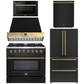 Forno Galiano Package - 36" Dual Fuel Range, Range Hood, 36" Refrigerator with Ice Maker, Dishwasher and 24" Microwave Drawer in Black with Antique Brass Accents