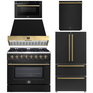 Forno Galiano Package - 36" Dual Fuel Range, Range Hood, 36" Refrigerator with Ice Maker, Dishwasher and 24" Microwave Drawer in Black with Antique Brass Accents
