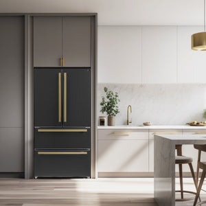 Forno Galiano Package - 36" Dual Fuel Range, Range Hood, 36" Refrigerator with Ice Maker, Dishwasher and 24" Microwave Drawer in Black with Antique Brass Accents