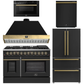 Forno Galiano Package - 48" Dual Fuel Range, Range Hood, 36" Refrigerator with Ice Maker, Dishwasher and 24" Microwave Drawer in Black with Antique Brass Accents