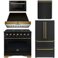 Forno Espresso Antico Package - 36" Gas Range, Range Hood, 36" Refrigerator with Ice Maker, Dishwasher and 24" Microwave Drawer in Black with Antique Brass Accents