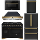Forno Espresso Antico Package - 48" Gas Range, Range Hood, 36" Refrigerator with Ice Maker, Dishwasher and 24" Microwave Drawer in Black with Antique Brass Accents
