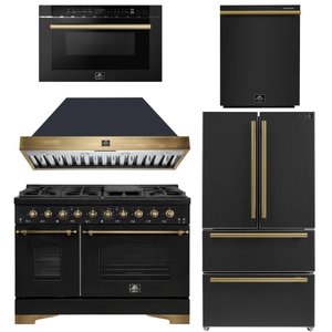 Forno Espresso Antico Package - 48" Gas Range, Range Hood, 36" Refrigerator with Ice Maker, Dishwasher and 24" Microwave Drawer in Black with Antique Brass Accents