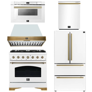 Forno Espresso Antico Package - 36" Gas Range, Range Hood, 36" Refrigerator with Ice Maker, Dishwasher and 24" Microwave Drawer in White with Antique Brass Accents
