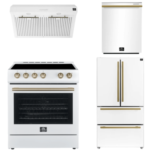 Forno Espresso Package - 30" Electric Range, Range Hood, Refrigerator and Dishwasher in White with Antique Brass Handles