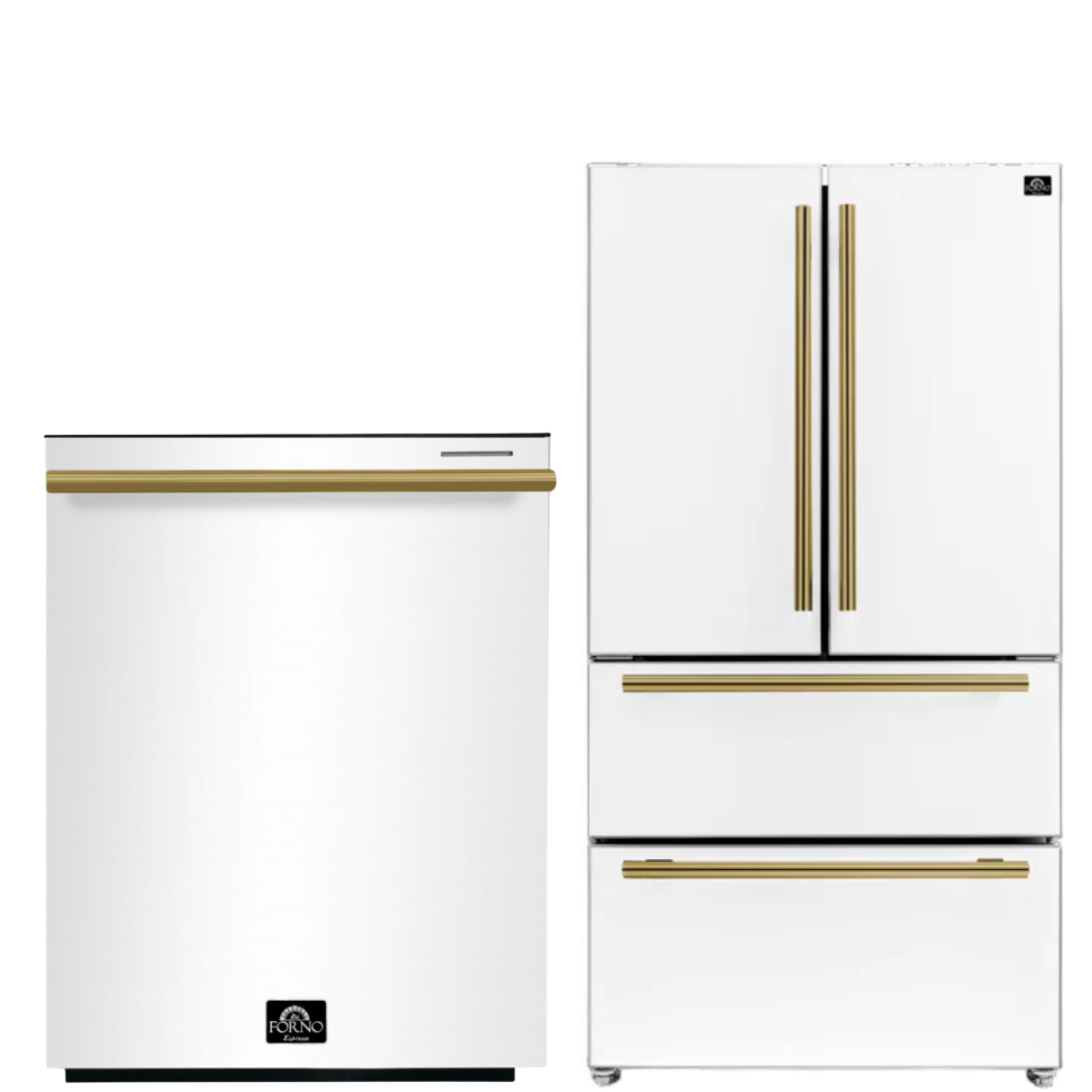 Forno Espresso Package - 36" Refrigerator and Dishwasher in White with Antique Brass Handles