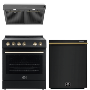 Forno Espresso Package - 30" Electric Range, Range Hood and Dishwasher in Black with Antique Brass Handles