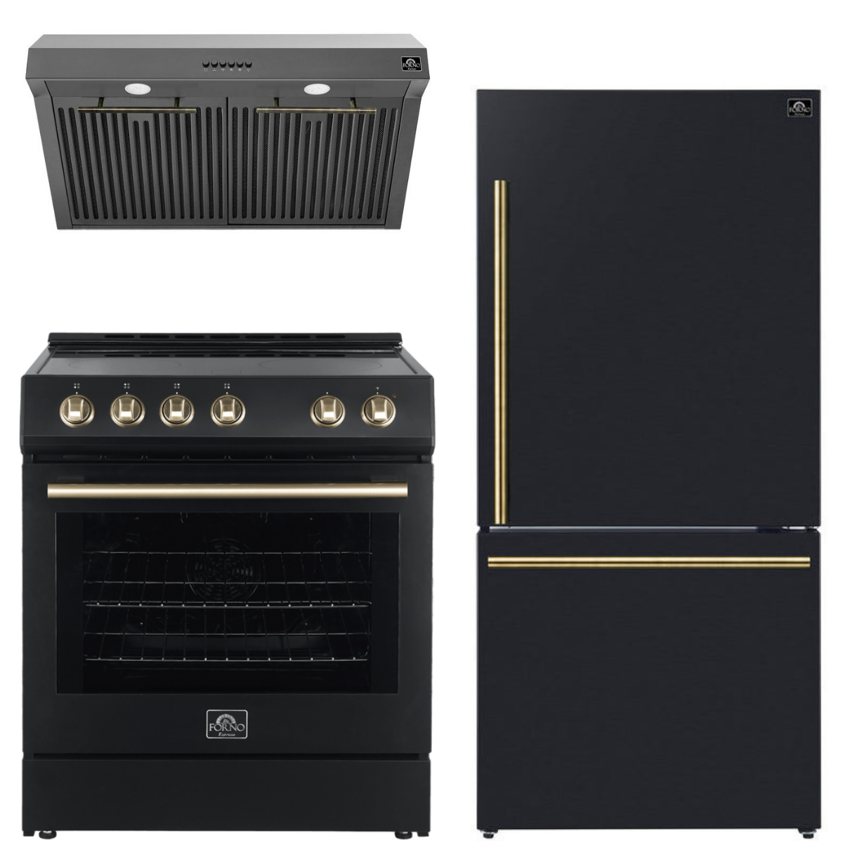 Forno Espresso Package - 30" Electric Range, Range Hood and Refrigerator in Black with Antique Brass Handles, FBDL-001-02US