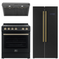 Forno Espresso Package - 30" Electric Range, Range Hood and Refrigerator in Black with Antique Brass Handles