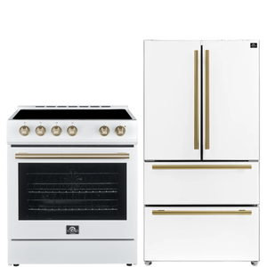 Forno Espresso Package - 30" Electric Range and Refrigerator in White with Antique Brass Handles