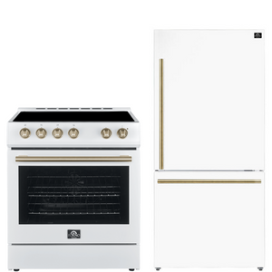 Forno Espresso Package - 30" Electric Range and Refrigerator in White with Antique Brass Handles, FBDL-003-03US