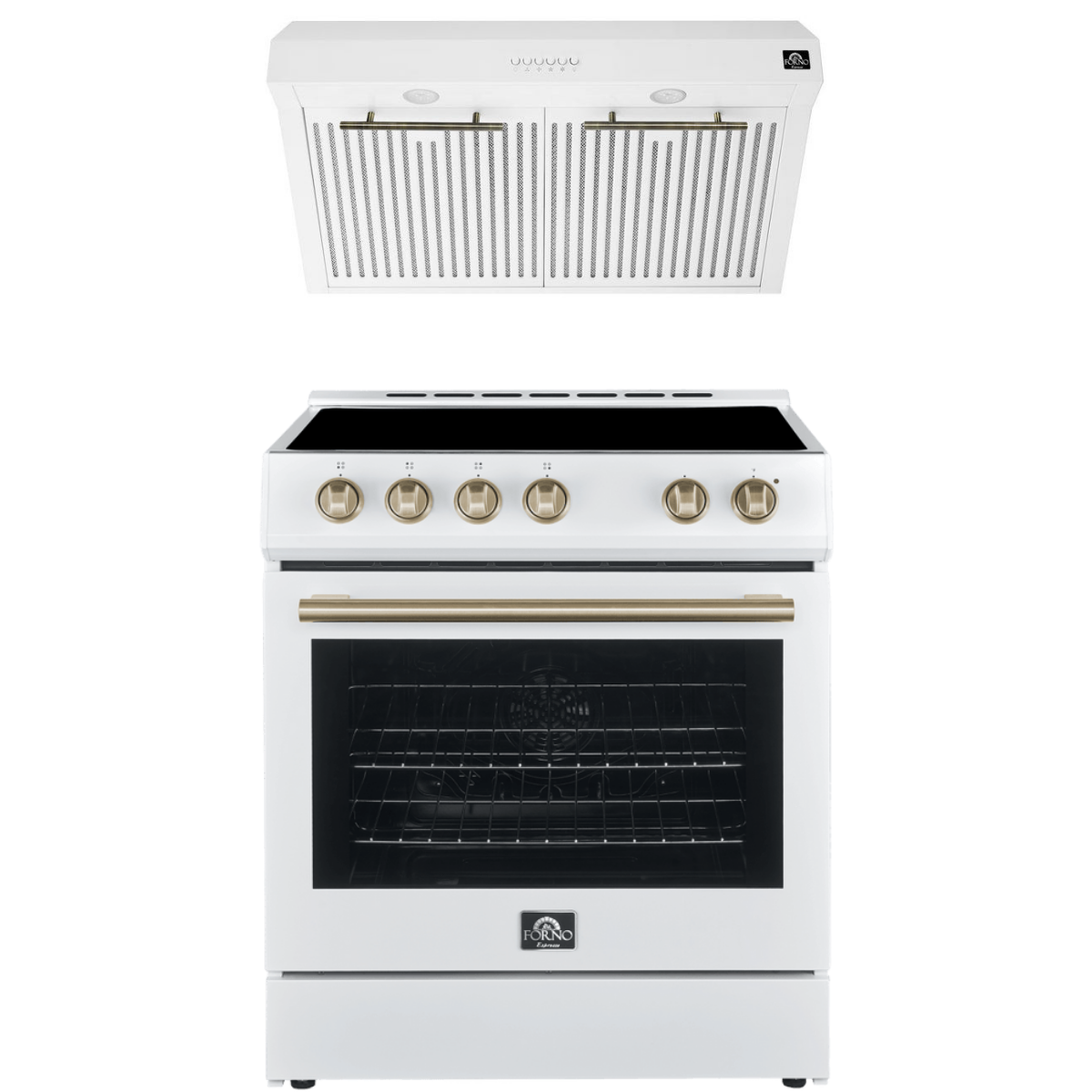 Forno Espresso Package - 30" Electric Range and Range Hood in White with Antique Brass Handles, FBDL-002-03US