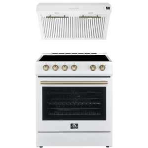 Forno Espresso Package - 30" Electric Range and Range Hood in White with Antique Brass Handles, FBDL-002-03US