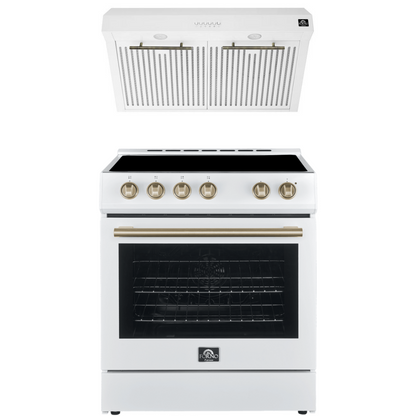 Forno Espresso Package - 30" Electric Range and Range Hood in White with Antique Brass Handles, FBDL-002-03US