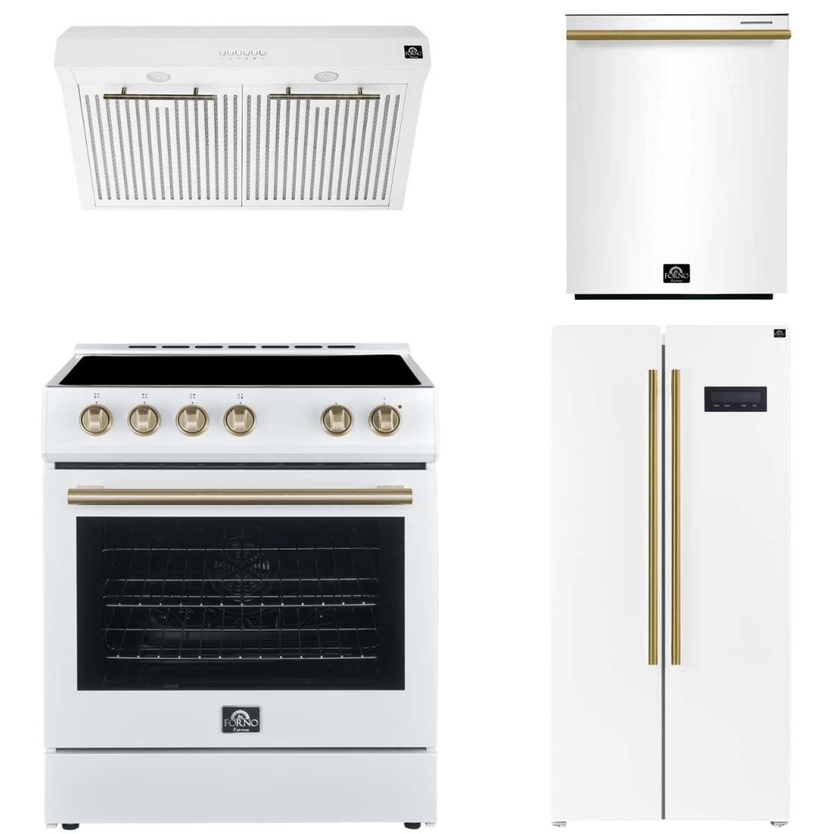 Forno Espresso Package - 30" Electric Range, Range Hood, Refrigerator and Dishwasher in White with Antique Brass Handles