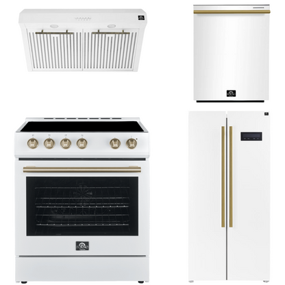 Forno Espresso Package - 30" Electric Range, Range Hood, Refrigerator and Dishwasher in White with Antique Brass Handles