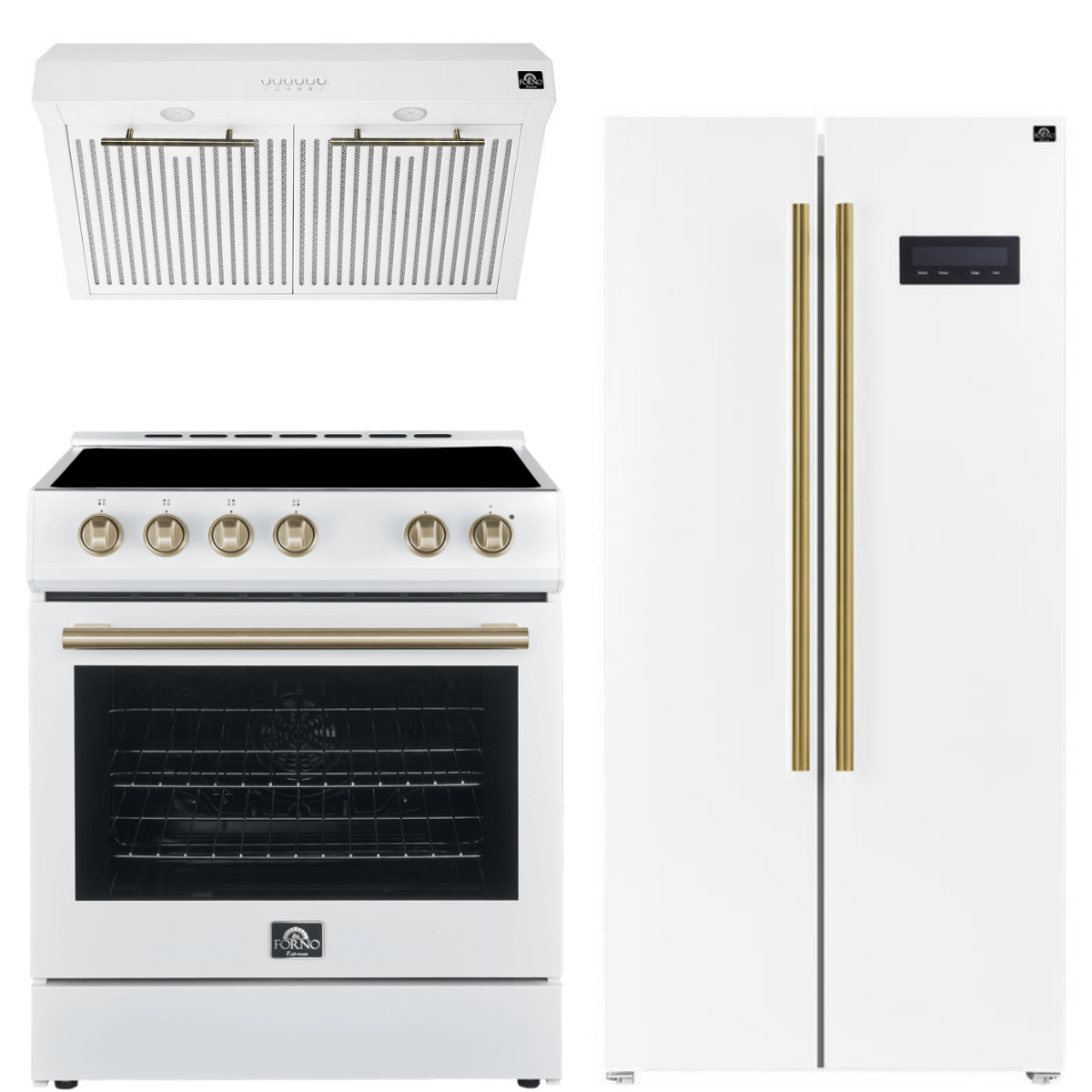 Forno Espresso Package - 30" Electric Range, Range Hood and Refrigerator in White with Antique Brass Handles