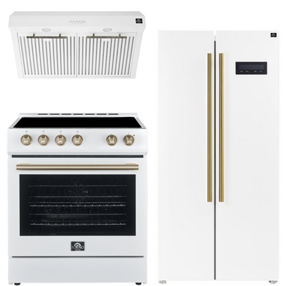 Forno Espresso Package - 30" Electric Range, Range Hood and Refrigerator in White with Antique Brass Handles